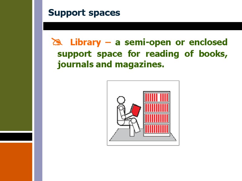 Support spaces   Library – a semi-open or enclosed support space for reading
